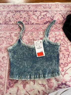 Zara Ribbed Cropped Tank Top - Washed Blue